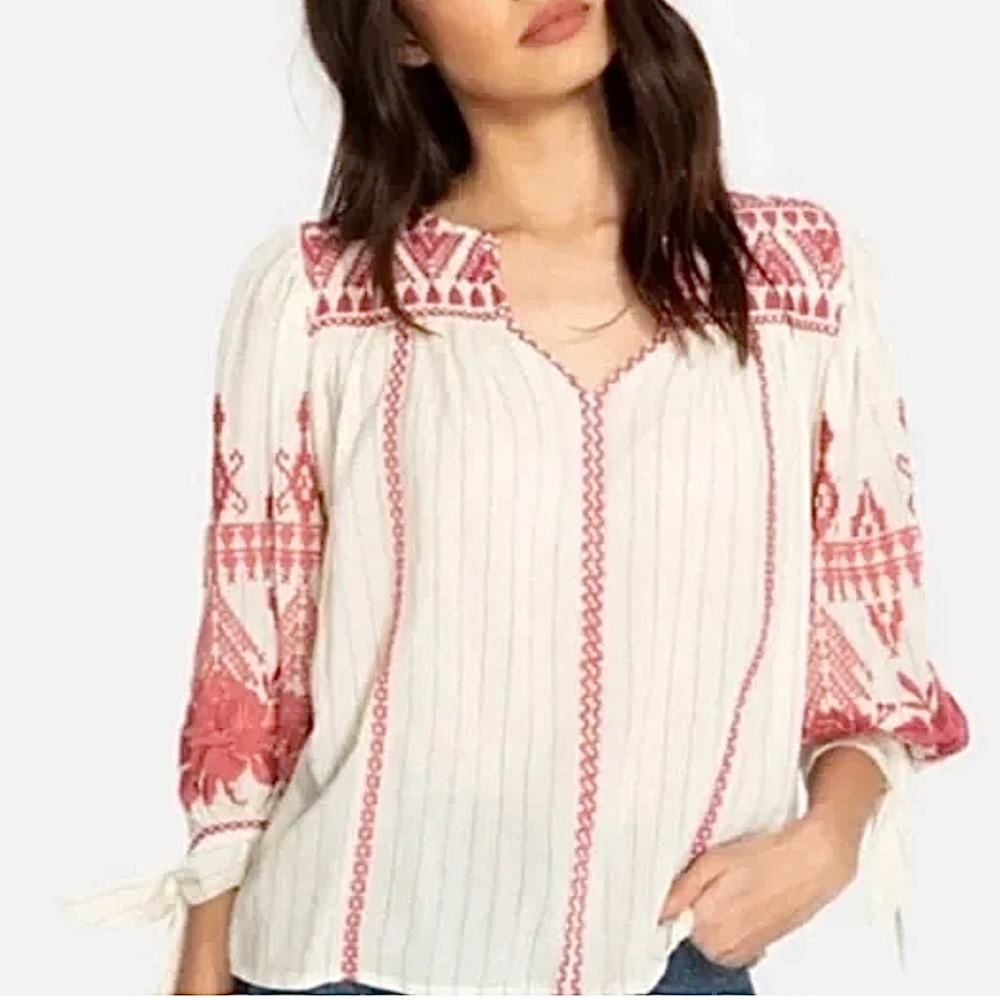 JOHNNY WAS Josiane Tie Sleeve Blouse Embroidered Pinstripes